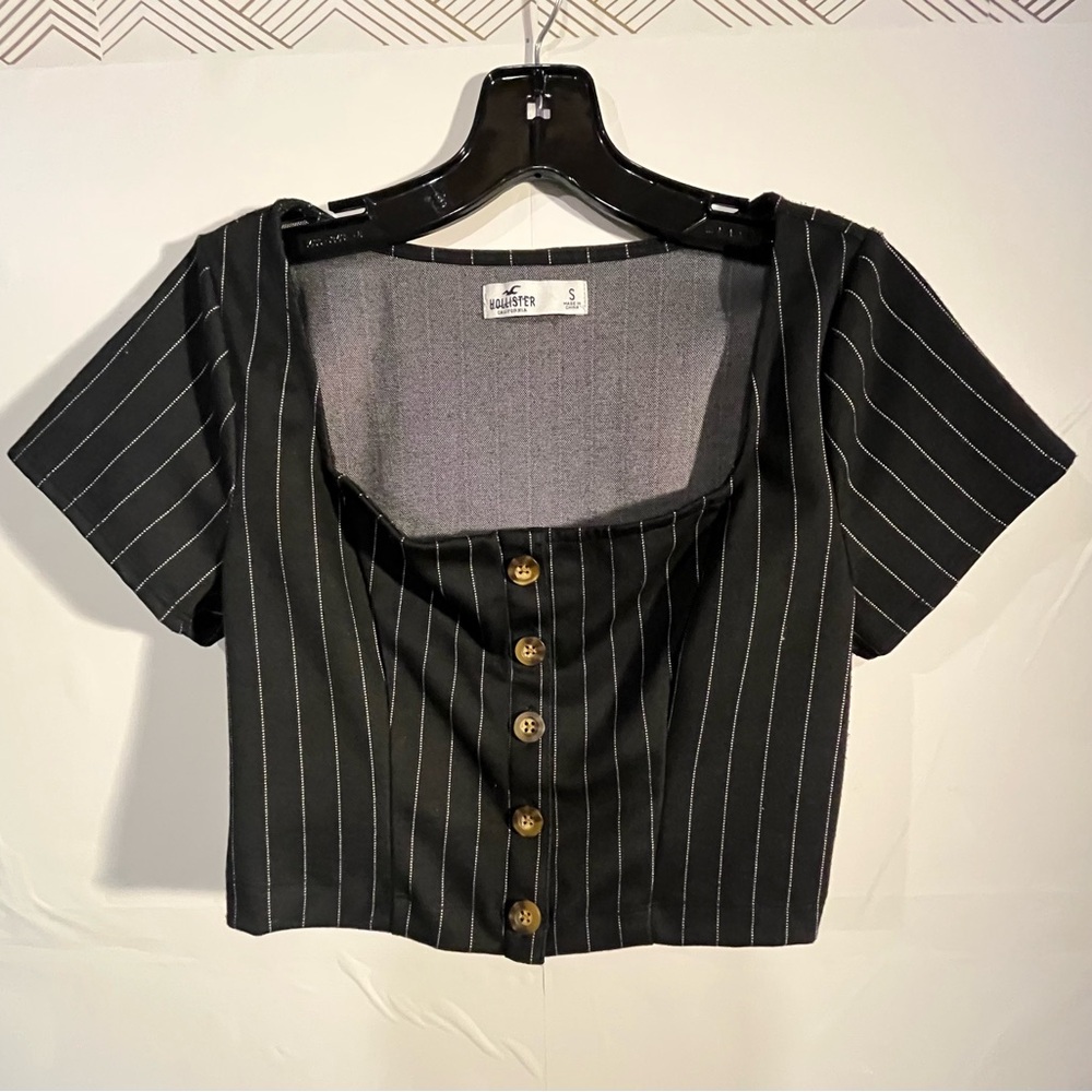 Hollister Black and White Striped Button-Down Top